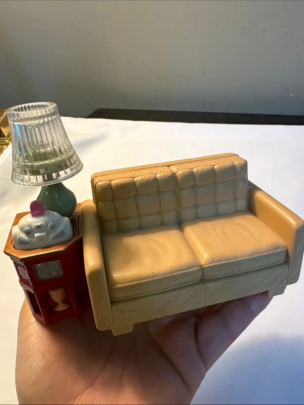 Beige Miniature Sofa and Side Table Set with Lamp